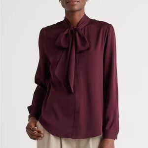 Quince Washable Stretch Silk Tie Neck Blouse in Wine Tasting size S